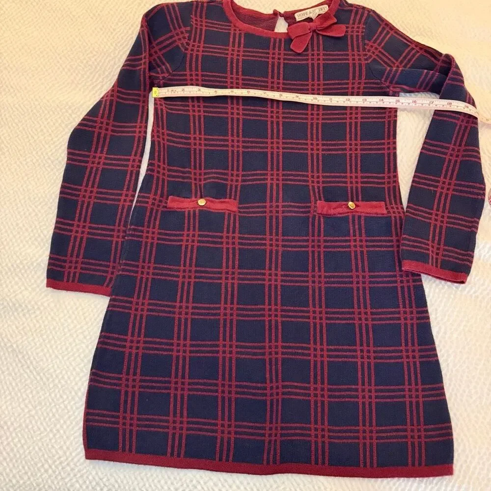Hope & Henry | Windowpane Sweater Dress Navy Red Bow | Girls 10